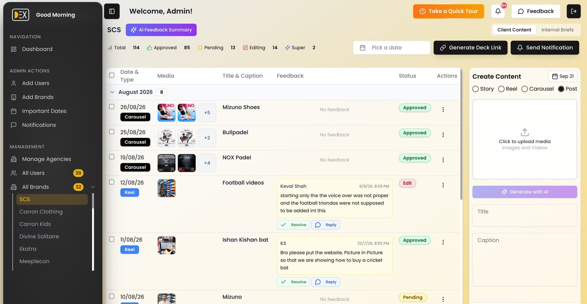 DEX brand workspace with feedback threads and the create-content panel