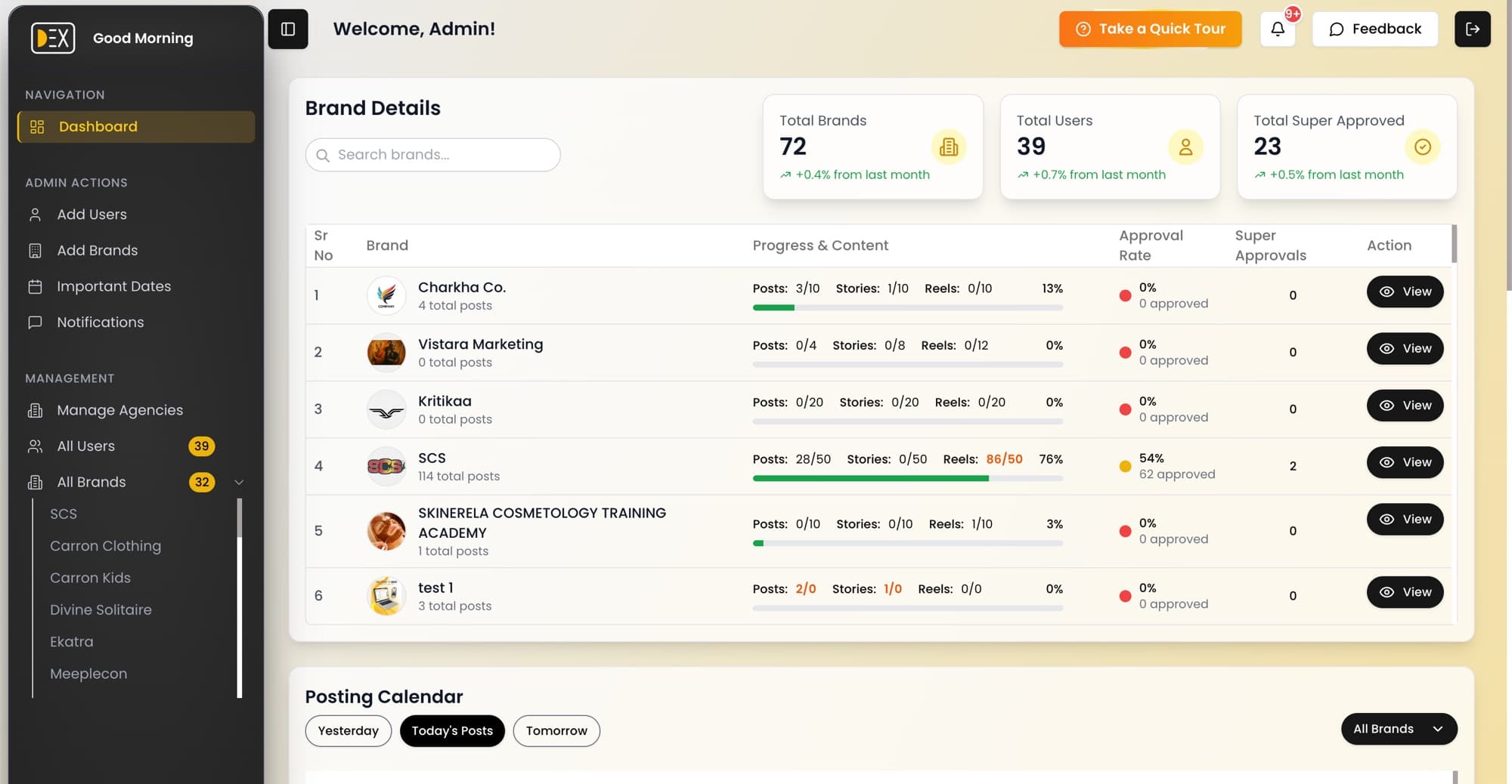 DEX admin dashboard showing brand approval progress and the posting calendar